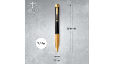 Шариковая ручка Parker Urban (матовый черный лак) Muted Black Gold Finish Trim, стержень: M, цвет чернил: blue, в подарочной упаковке.