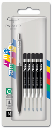 Набор в блистере: Ручка гелевая "Parker Jotter Black" + 5 гелевых стержней. толщина линии М в блистере.