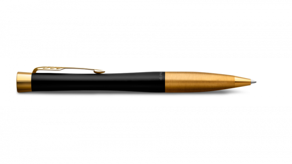 Шариковая ручка Parker Urban (матовый черный лак) Muted Black Gold Finish Trim, стержень: M, цвет чернил: blue, в подарочной упаковке.